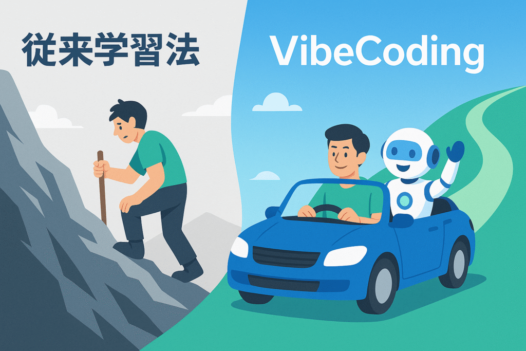 従来学習法で山を登るプログラマと、AIとドライブする VibeCoding の対比イラスト