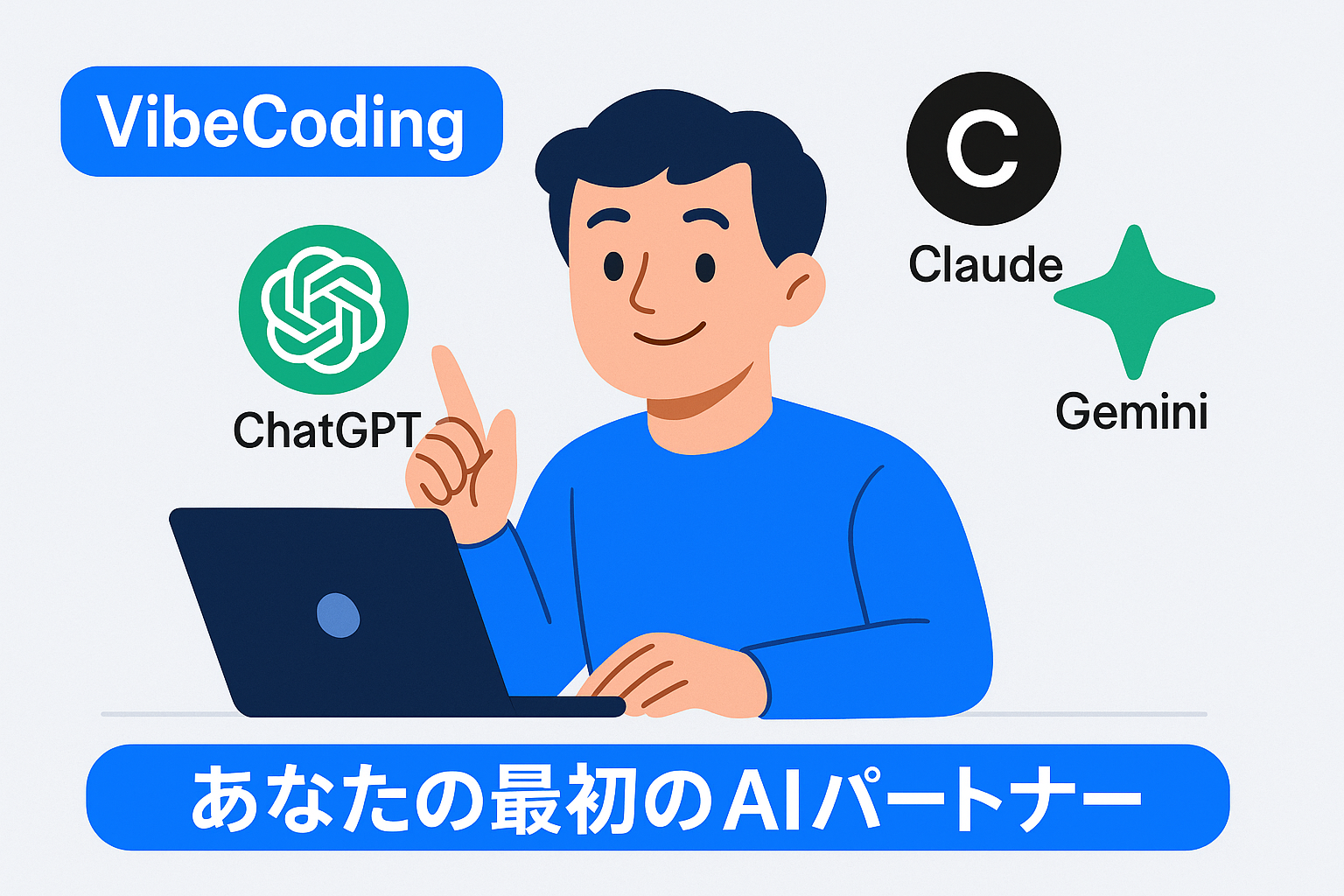 VibeCoding ─ ChatGPT・Claude・Gemini の公式ロゴとノート PC に向かう学習者イラスト、初心者向け AI パートナー紹介バナー