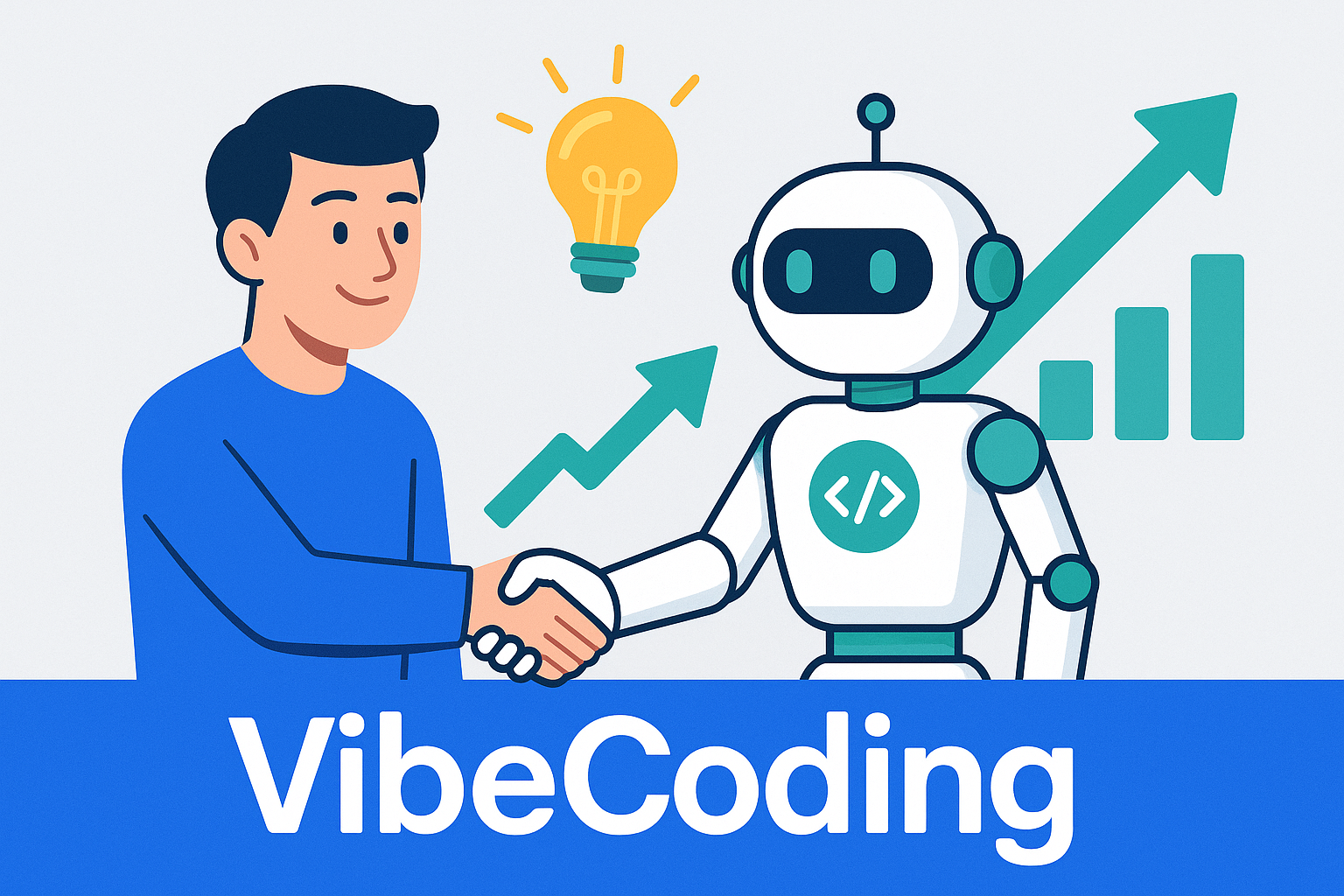「VibeCoding」基礎解説用図解 — AIロボットと学習者が握手し、電球と上昇グラフが“AI×プログラミングで挫折しない新時代の学習法”を象徴するイラスト