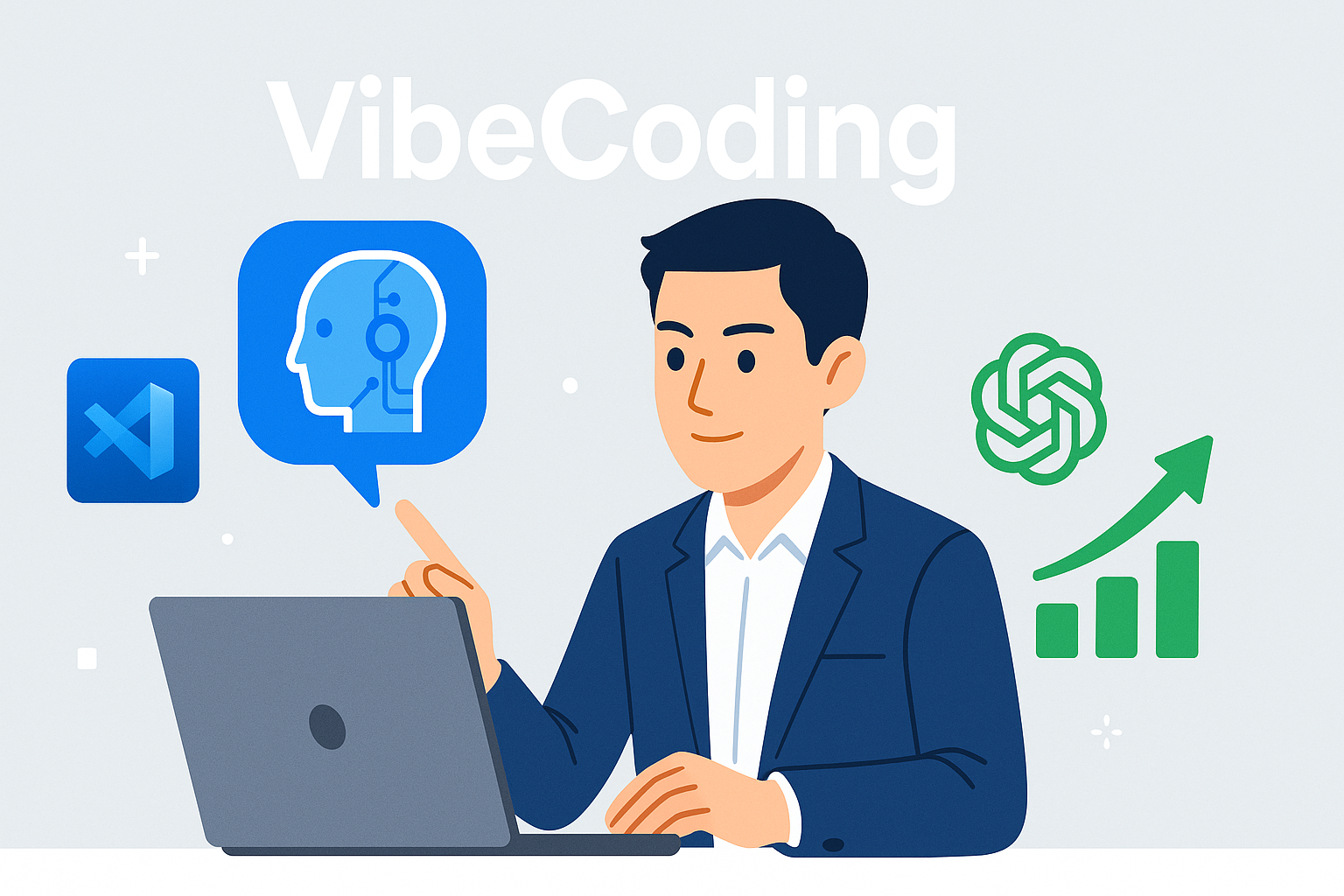 「VibeCoding式スキル収益化ツールガイド」— ノートPCで作業する清潔感ある開発者とAIホログラム、VSCode・ChatGPTアイコン、上昇グラフが効率的な収益化を象徴する図解イラスト