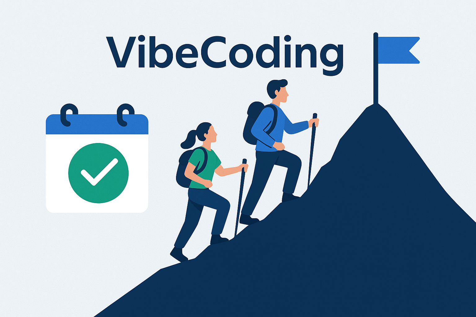 VibeCoding のロゴと、山を協力して登る男女のイラスト。左側には達成を示すカレンダーアイコンが配置され、仲間と継続して学習・成長する前向きな雰囲気を表現したバナー。