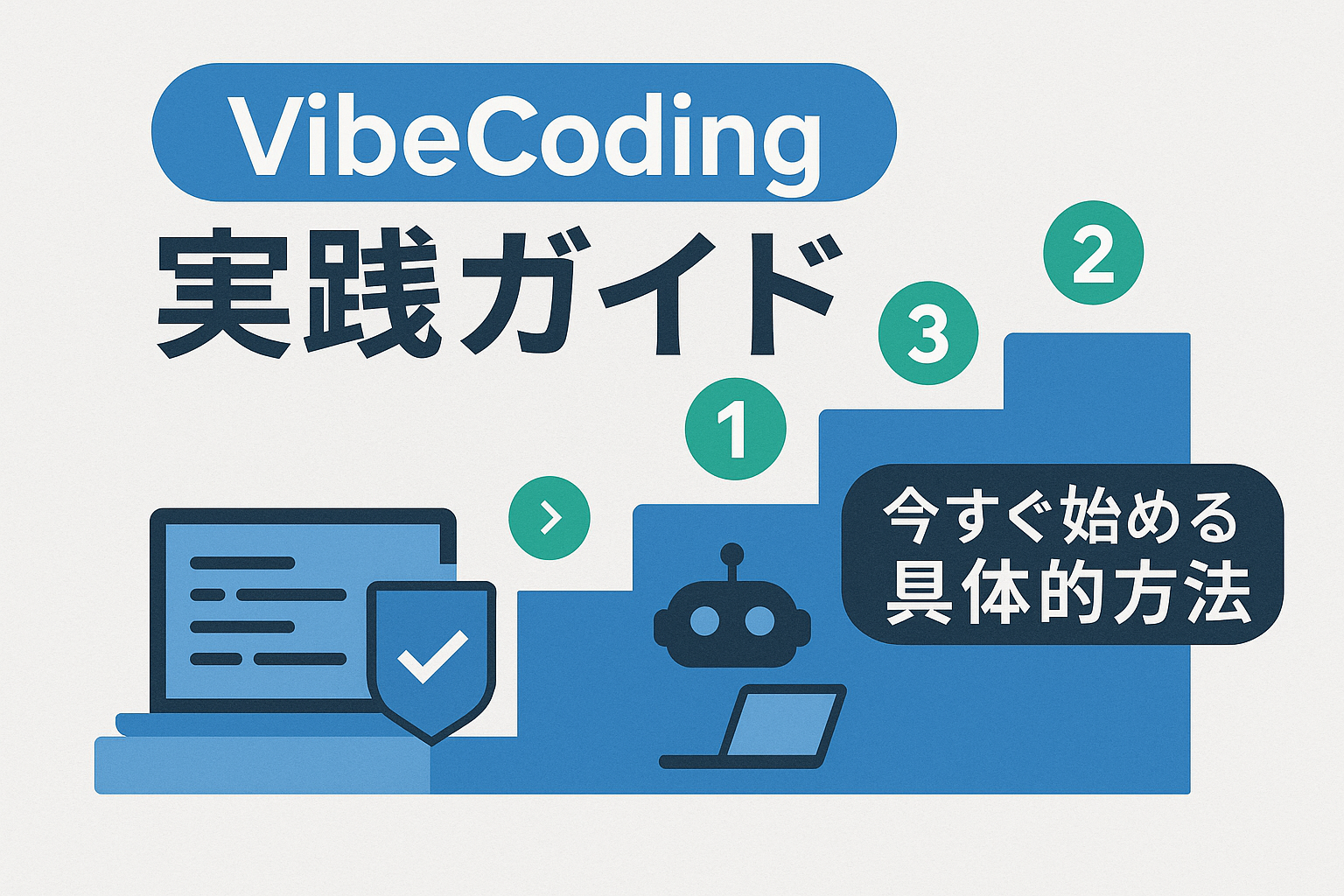 VibeCoding実践ガイドの3ステップ図解。階段状の1-2-3番号、AIロボットとコードエディターで手順を示す