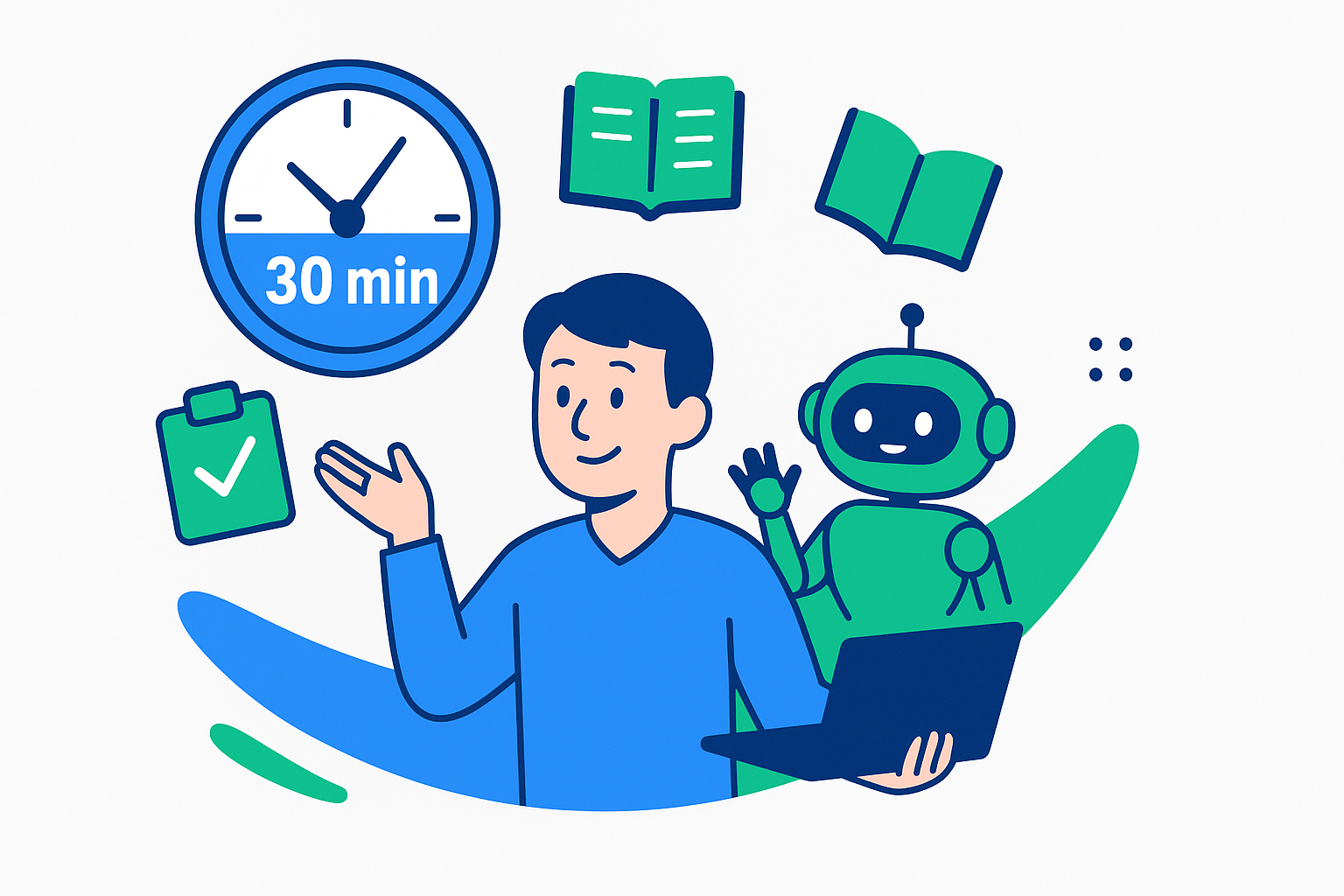 30分タイマーとチェックリストを背景に、人間と緑色AIロボットが協力しながらノートPCで学習する様子を描いたVibeCoding学習イメージ図