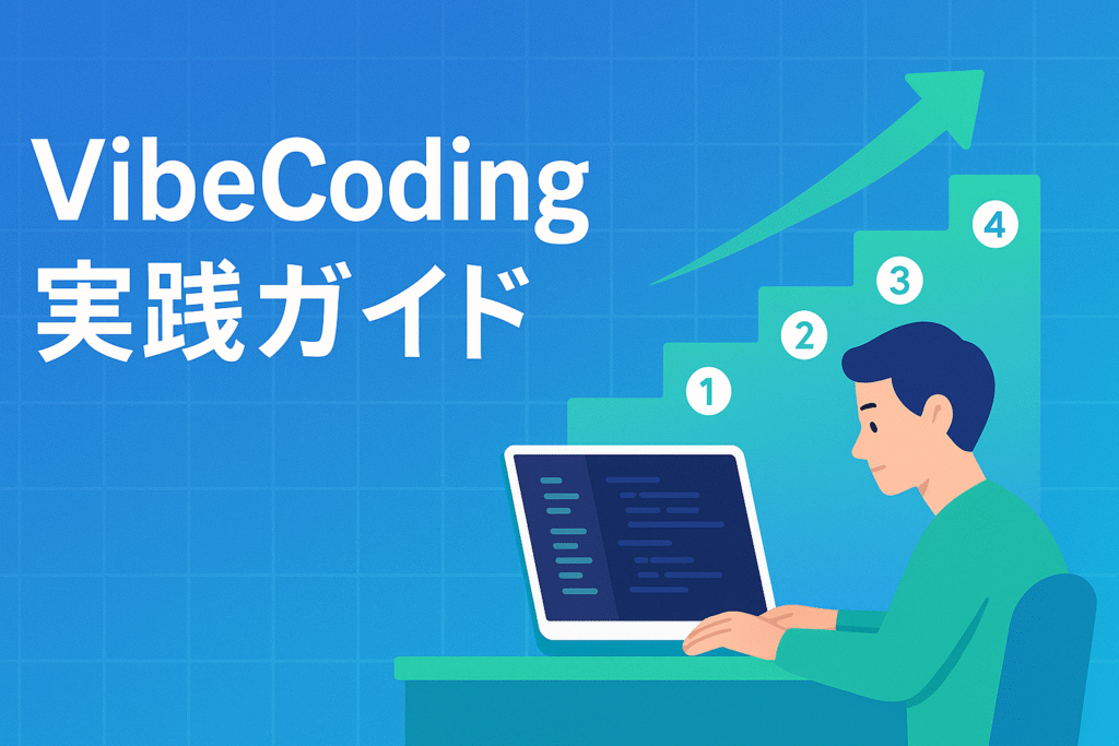 「VibeCoding 実践ガイド」― 青のグリッド背景にタイトル、大きな階段+1-4番号&上昇矢印、ラップトップで学ぶ男性を描いたプロフェッショナルなチュートリアル用イラスト