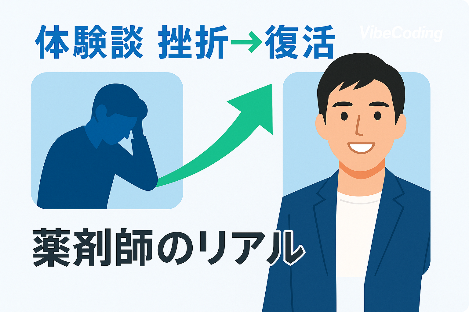 「薬剤師が挫折から復活へ——AIと共に前進する体験談」文章挿入用図解イラスト