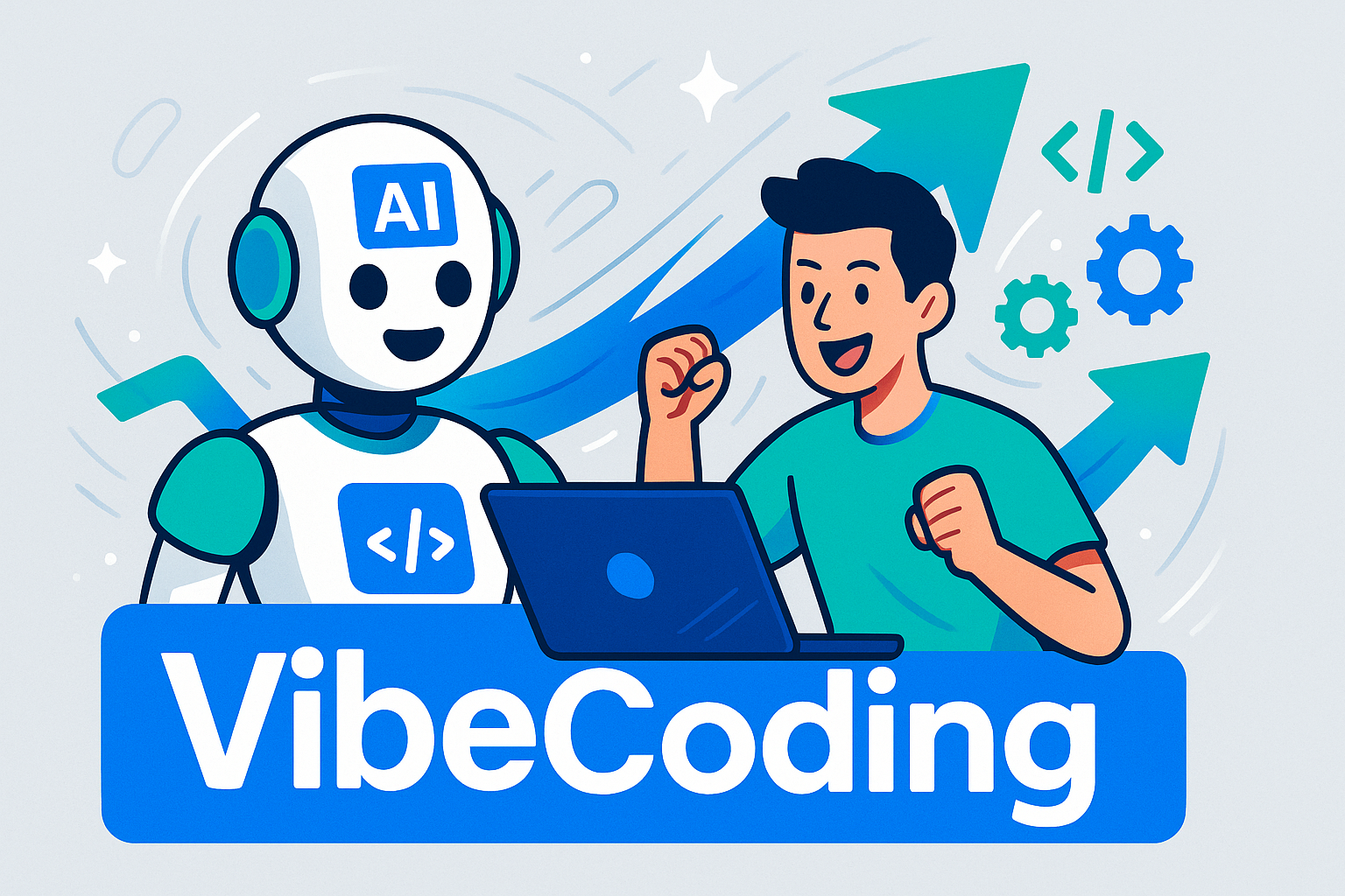 「VibeCoding」ロゴがセンターに収まり、AIロボットとプログラマーが協働するフラットイラスト