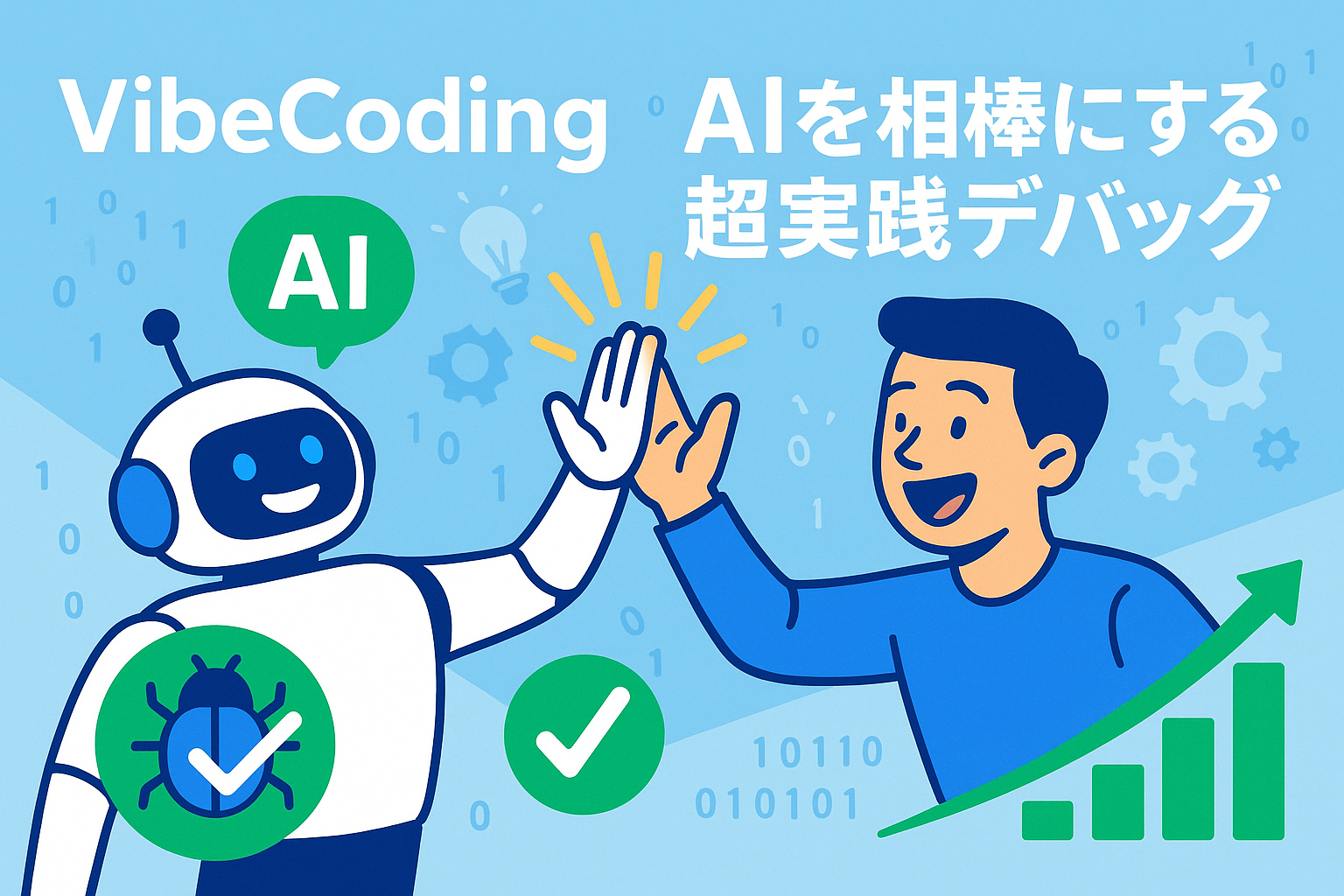 「AIを相棒にする超実践デバッグ」— ロボと開発者がハイタッチし、バグチェックマークと上昇グラフで成長を示すエネルギッシュな VibeCoding アイキャッチ
