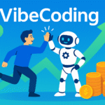 「VibeCoding式・月5万円収益化ロードマップ」— 人間とAIがハイタッチし、上昇グラフと円マークが飛び交うダイナミックなアイキャッチ