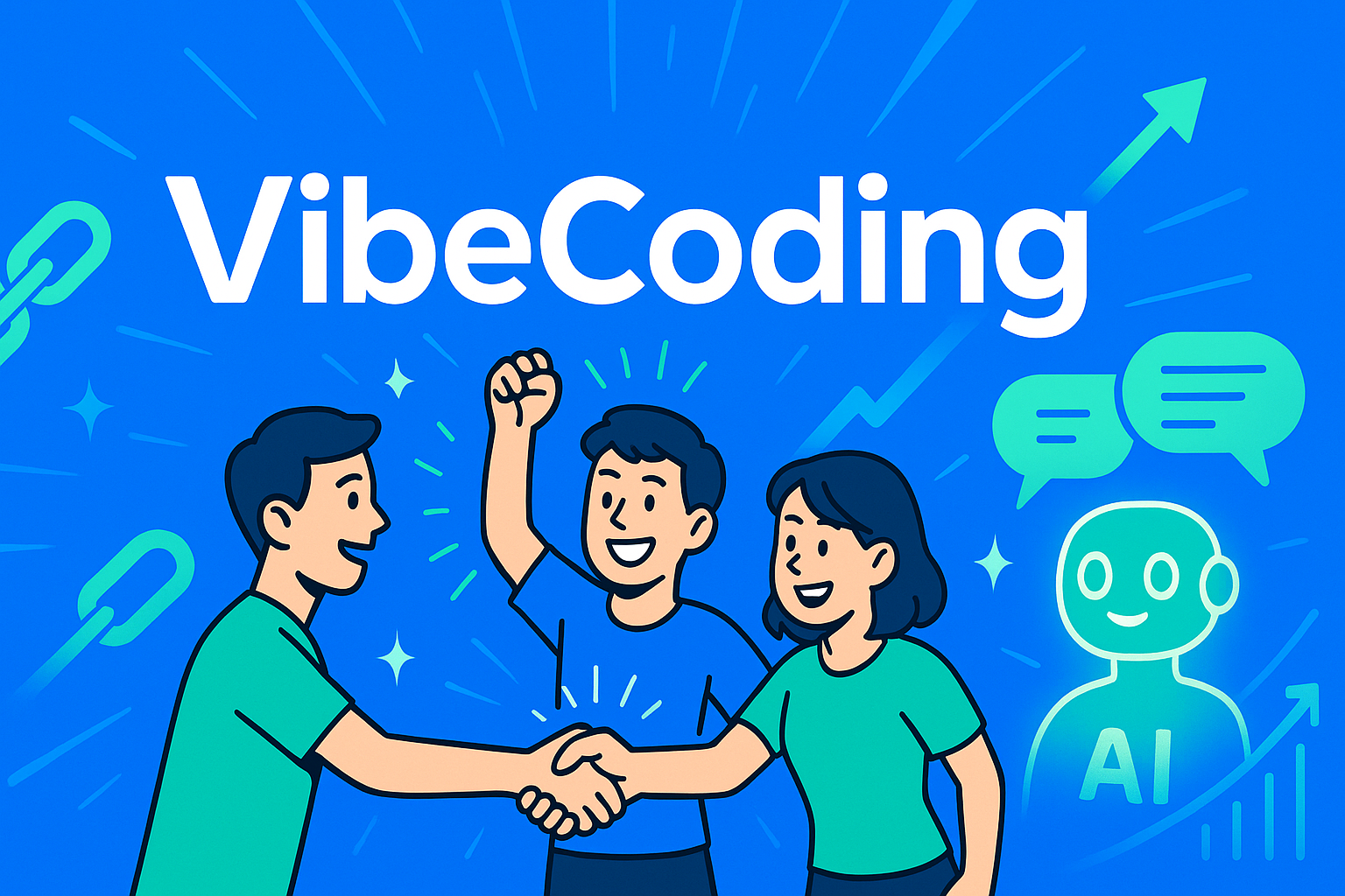 「VibeCodingコミュニティで仲間と学ぶ！」— 清潔感あるデベロッパーたちが握手し、AIホログラムとチャット吹き出し・チェーンリンク・成長矢印が連携と躍進を象徴するダイナミックなアイキャッチ
